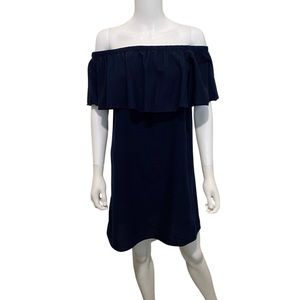 Navy Linen Off the Shoulder Mini Dress